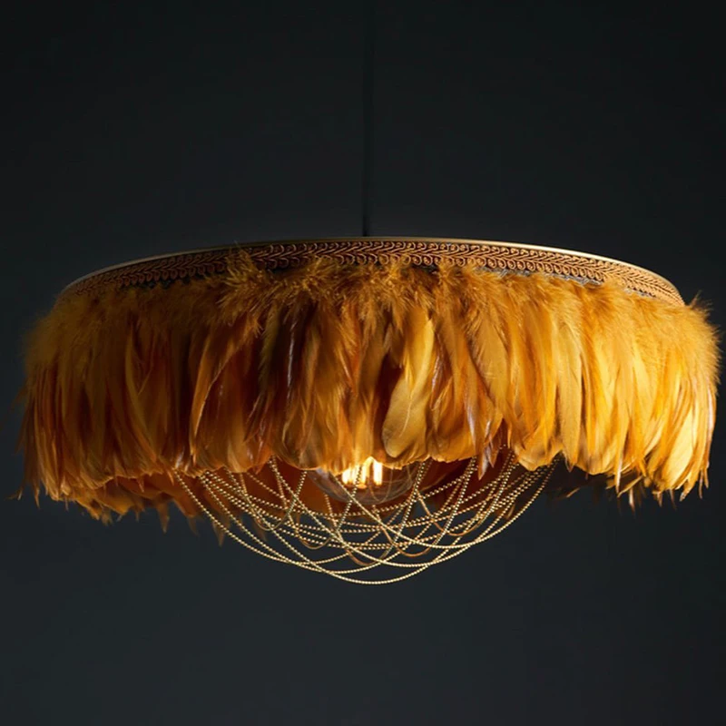 Custom living room light fittings handmade diy art deco style contemporary gold chain black circle led ring feather chandelier