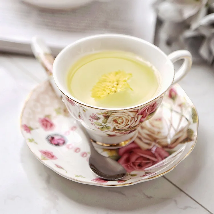 Funky Fairy Gold Trim European Send Vase Pink Flower Ceramic Coffee Tea Sets Cup Saucer Pot Gift Set With Sugar Bowl Shelf