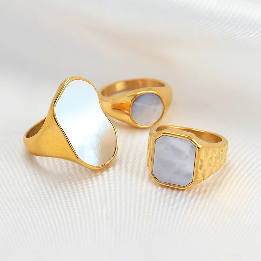 Minos Fashion Mother of Pearl Dome Ring Sets Jewelry Gold Stainless Steel Heart Round Square Multi Style White Shell Ring