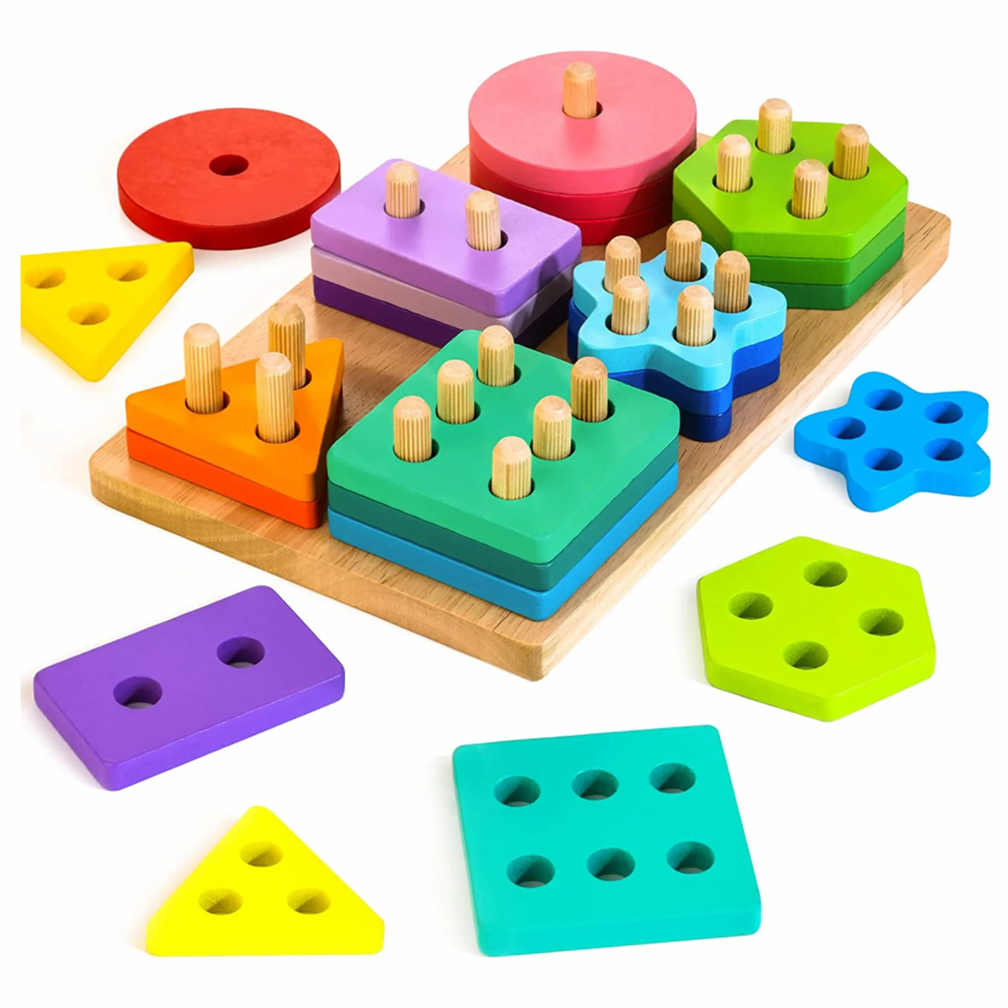 Montessori Wooden Shape Color Preschool Educational Kids Toys Wood Block Stacking Game Sorting Preschool Stacking Blocks