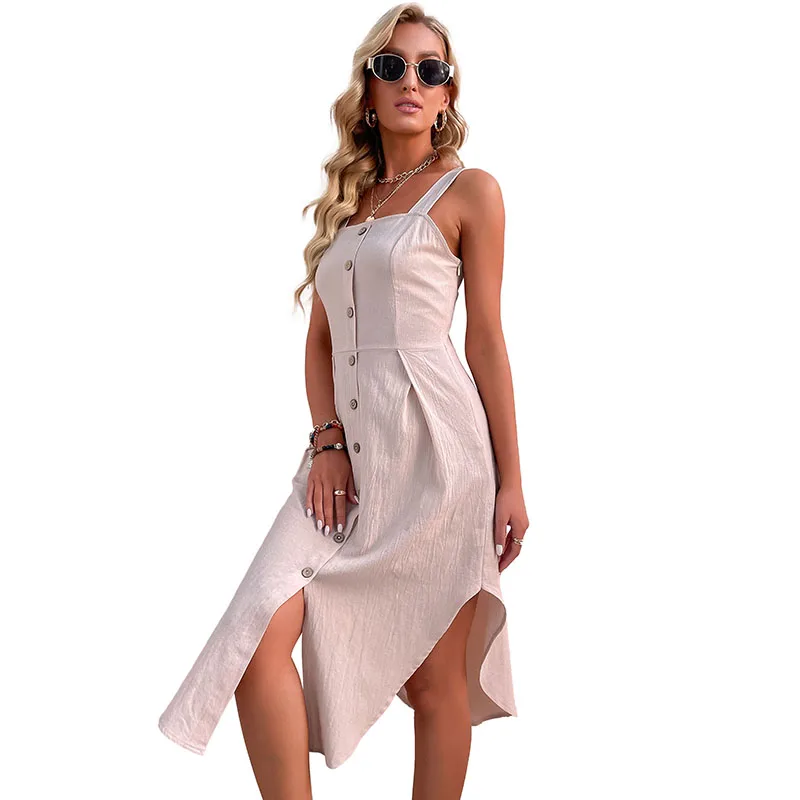 Linen Fabric Women Summer Fashion Casual Outfits Loose High Quality Solid Linen Dresses