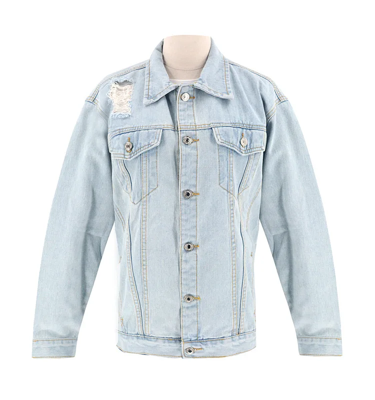 
Fashion Casual Blue Long Denim Jaket Women Ripped Jean Jacket 