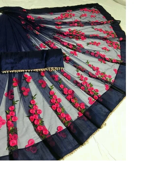 Ethnic Garment Party wear Designer saree surat Embroidery work net fabrics and pearl stone work saris with pearl lace border