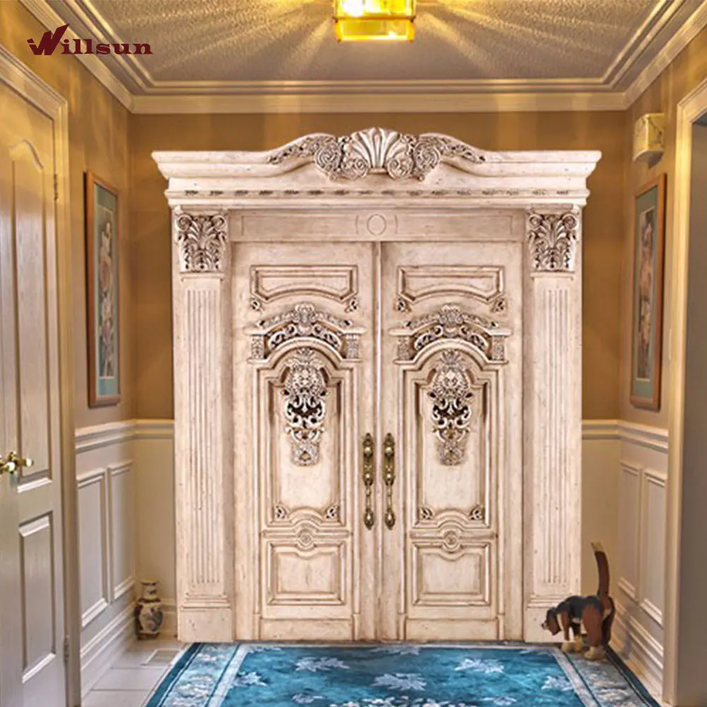 Luxurious Golden Lacquer Carved White Wooden Front Doors White French Doors Wood Double Entry Doors