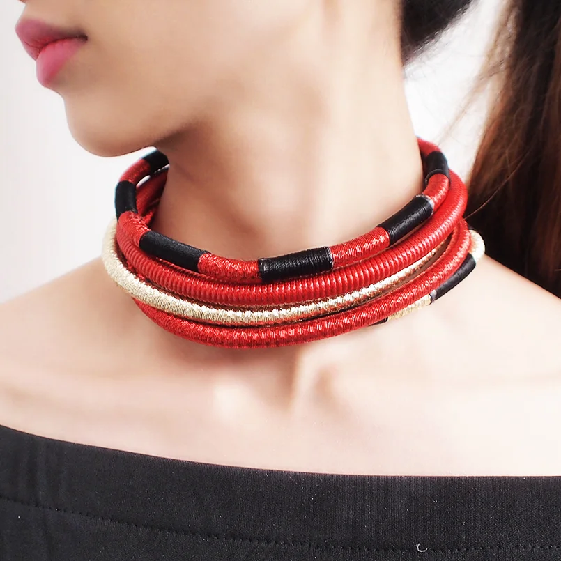 Trendy Multilayer Rope Choker Necklaces Bib Collar Statement Necklace Handmade Magnetism Button Indian Jewelry