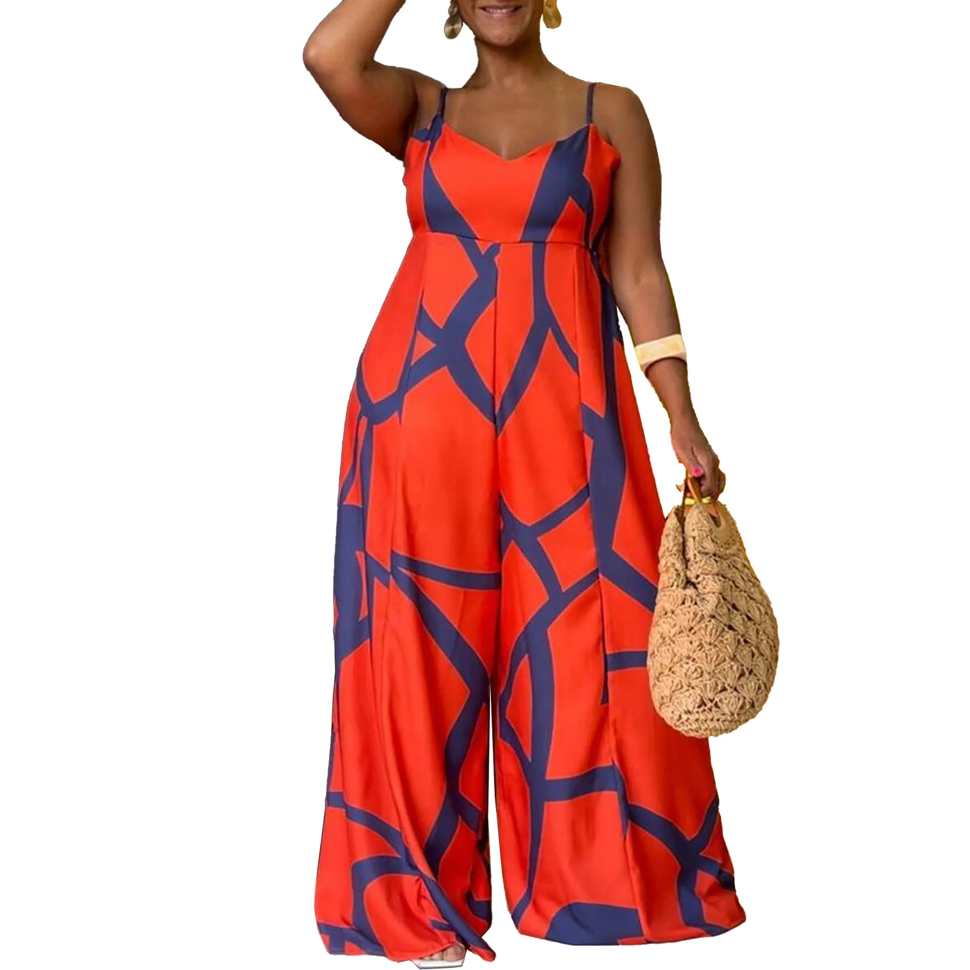 ZIYA A07L91 Printed Large Strap Hollow Waist Wide Leg Women Striped Jumpsuit