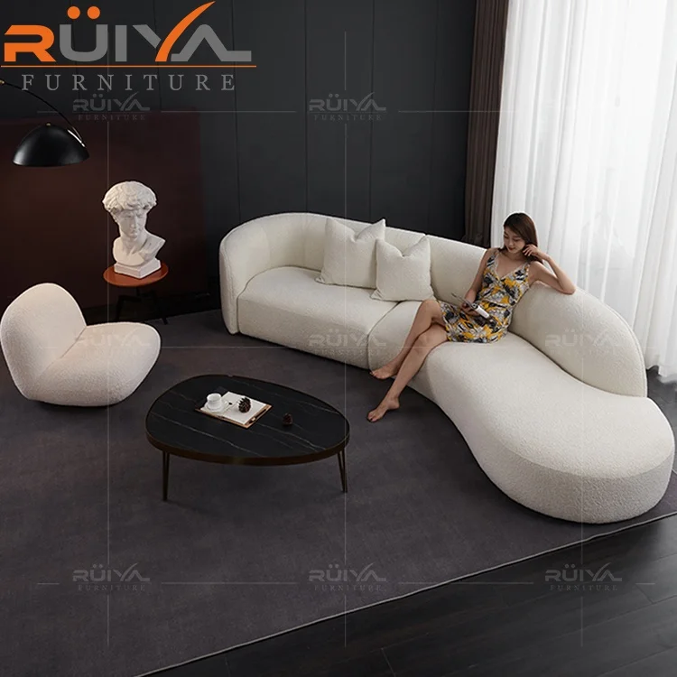 Customized and Affordable Teddy white velvet lounger curved living room sofa