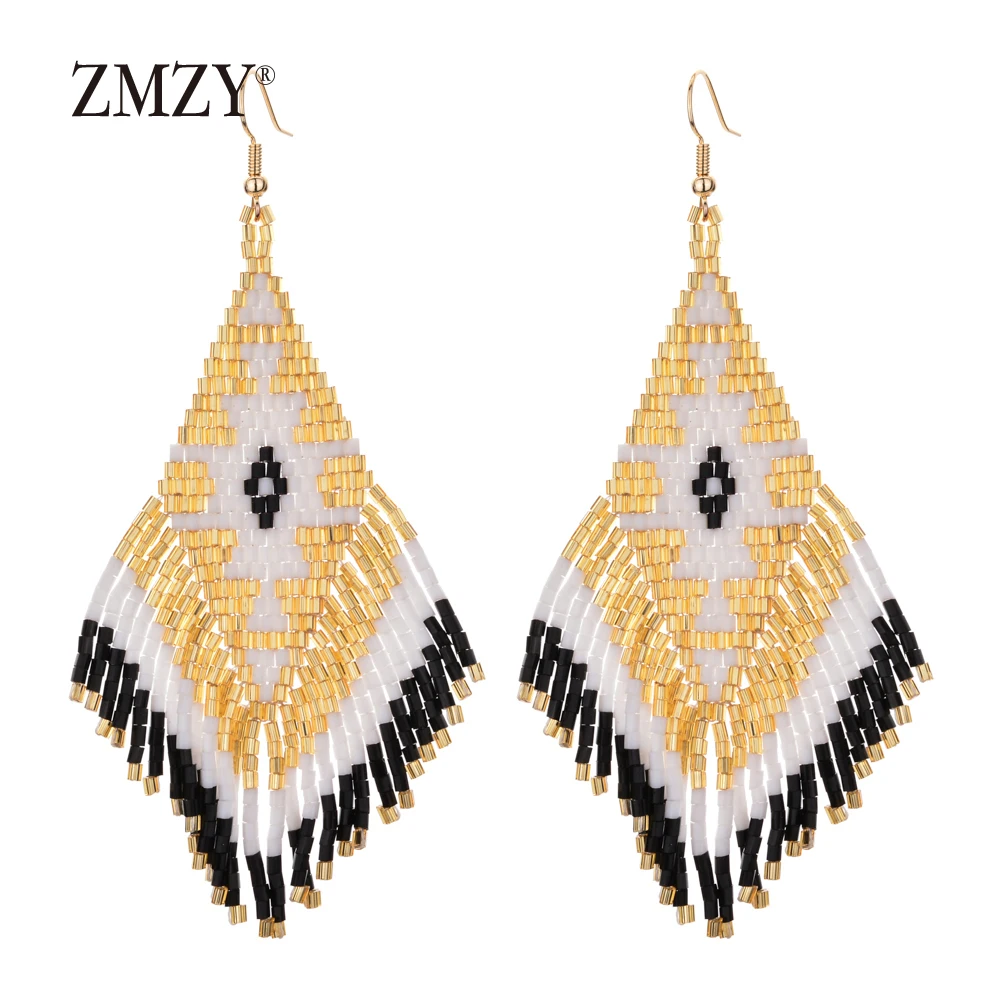 ZMZY Ethnic Earings Fashion Jewelry Boho Drop Earrings for Women Bohemian Long Tassel Crystal Bead Handmade Earring Fringe Gifts