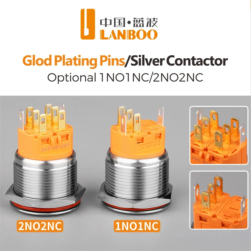 LANBOO  25/30mm Bi-color RGB LED Metal Push Button Switch Momentary Latching Waterpoof 2no2nc Button On Off Stainless Steel