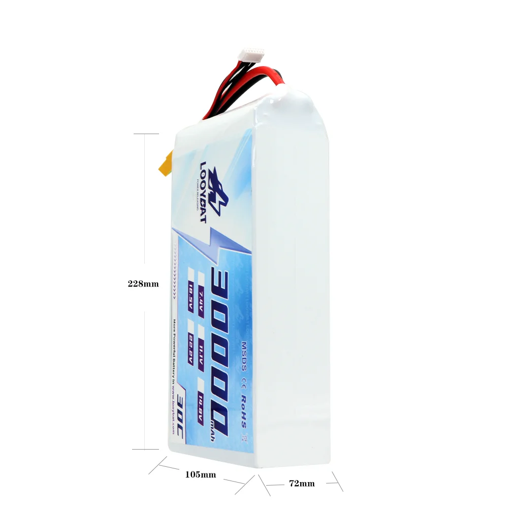 LOOYBAT Big Capacity 30000mAh 30Ah 6S 22.2V 15C 30C LCO RC LiPo Graphene Battery Packs For Drones RC Helicopters With AS150 XT90