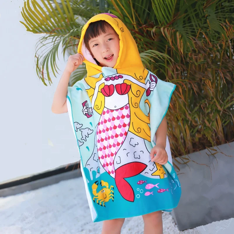 Ready To Ship Top Quality Swimming Microfiber Printed Carton Baby Children Hooded poncho Beach Towel For Kids