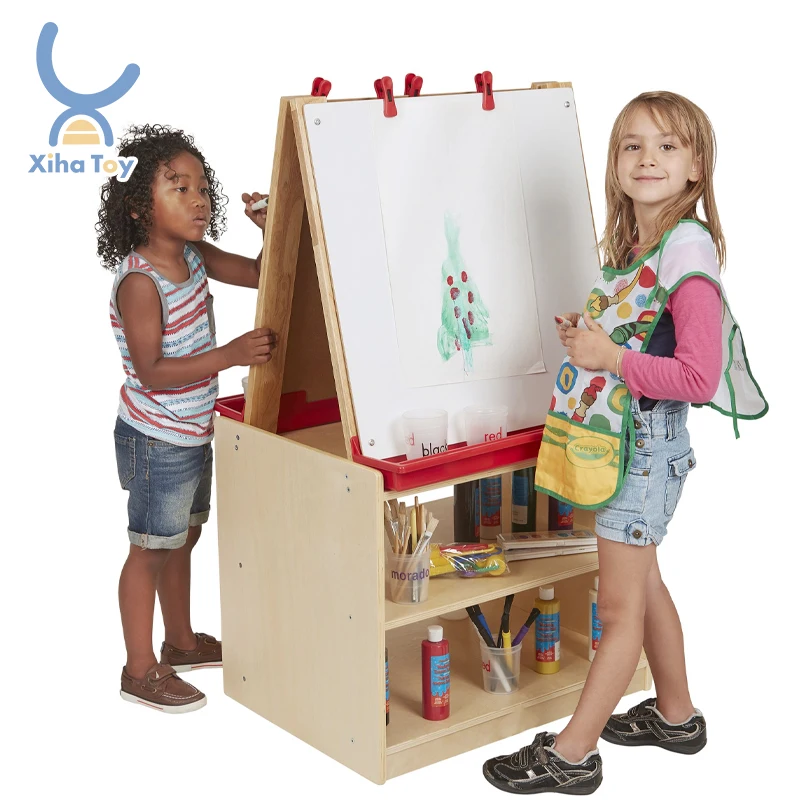Kindergarten Wooden Easel For Children Foldable Double Magnetic Board Daycare Art Easel With Paper Roll Kids Preschool Suppliers