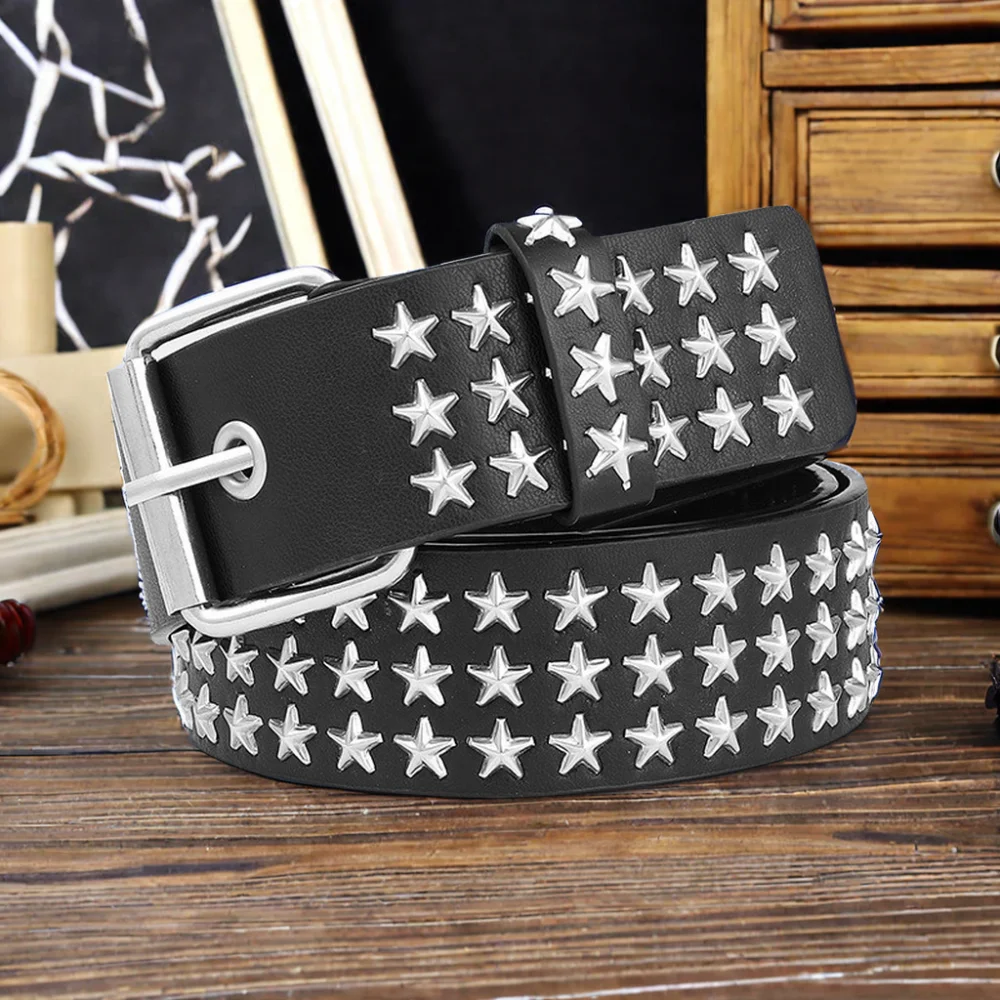 Three Rows of Pentastar Stars Hollowed out Unisex Punk Y2K Style Belt  with Casual Fashionable Pin Buckle Riveted PU Material