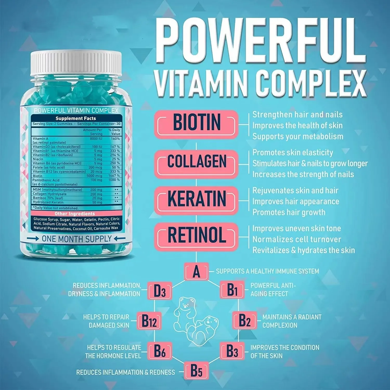 RTS Vitamin and Supplements Bear Vegan Biotin Collagen Keratin Gummies For Hair Skin Nails