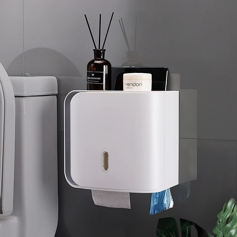 2021 new design wall mounted plastic HIPS large capacity 2 layer paper holder tissue box garbage bag dispenser
