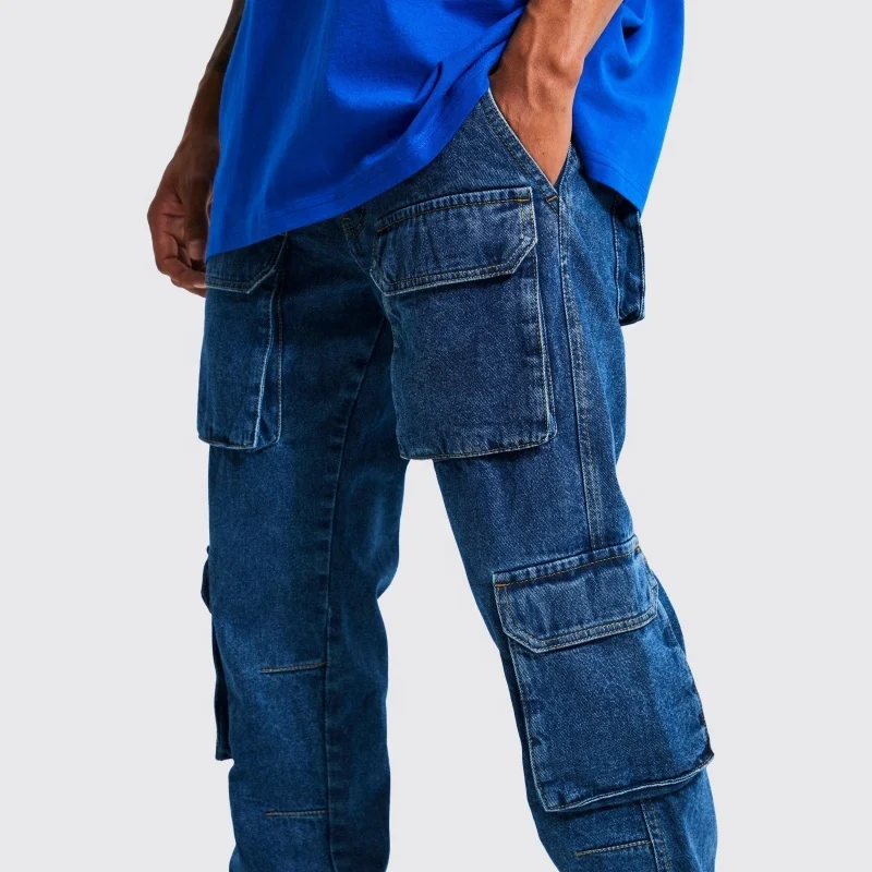 Hot Fashion Street Wear Jeans Tactical Pant Custom Logo Vintage Multi Pocket Trousers Mens Acid Wash Denim Pant