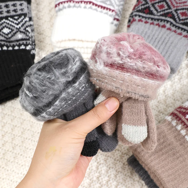 winter jacquard  stretchy knitted unisex warm Touch Screen Knitted Gloves Two Fingers Touch Screen Gloves For Smartphone