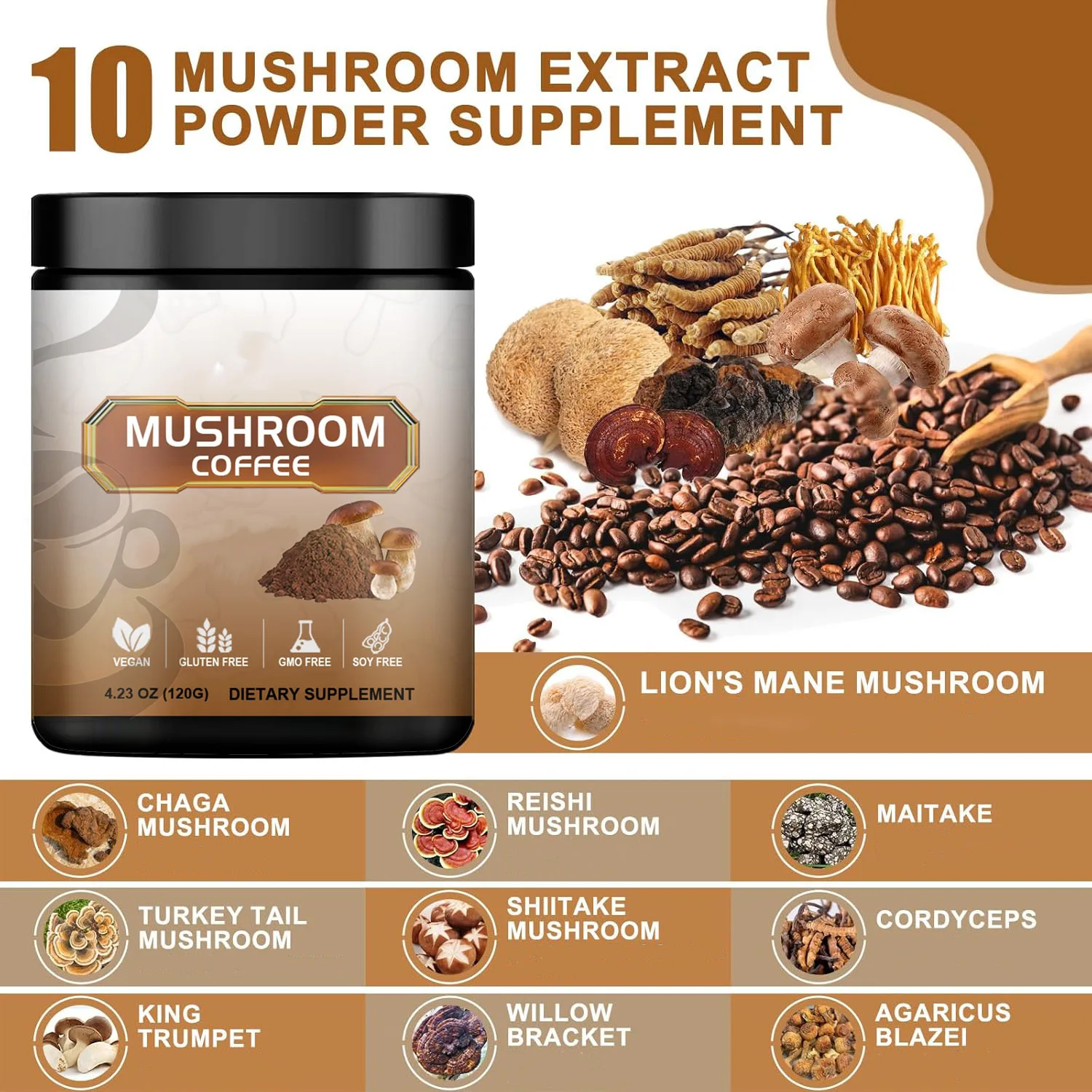 OEM Wholesale Organic Mushroom Canned Instant 10 in 1 Reishi Mushroom Coffee Powder For Health Life