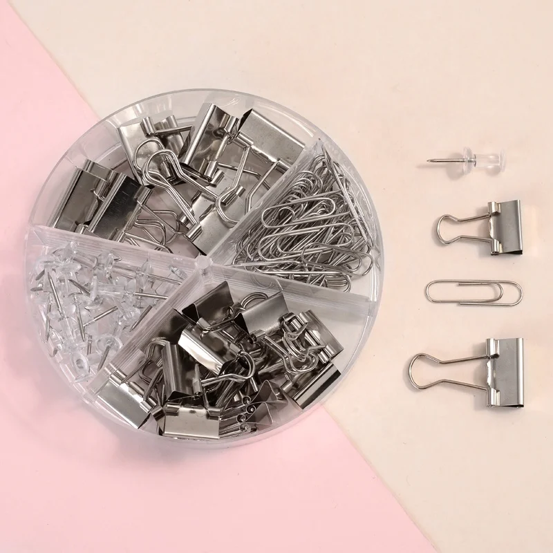 72Pcs Binder Clips Push Pins Paper Clips 4 Styles Office Supplies Set with Box for School Rose Gold