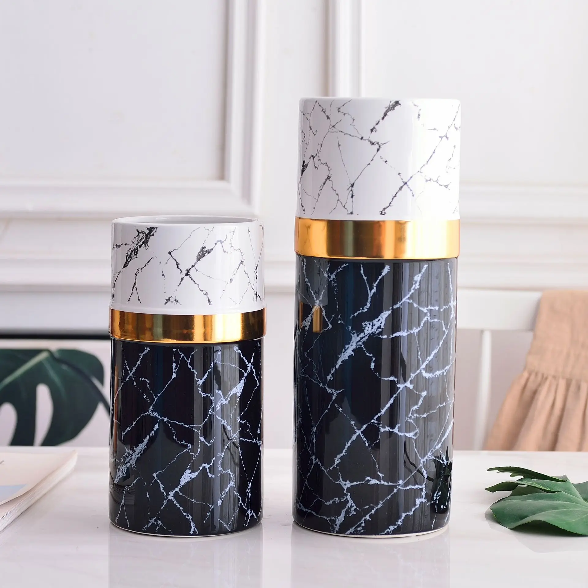 INS Style simple modern luxury marble golden line ceramic&porcelain vase for home decor