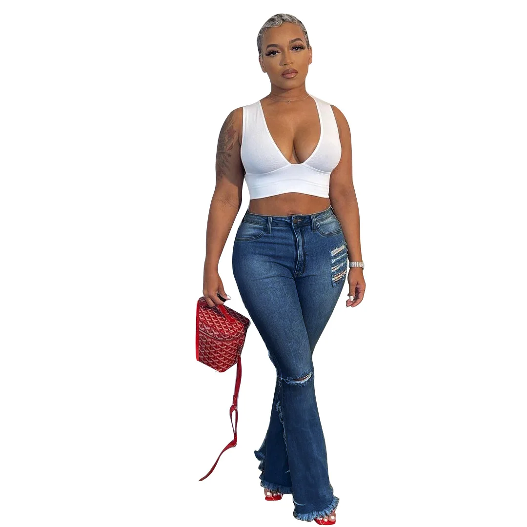 Wholesale Manufacture Woman Boyfriend Denim Pants hole tassel flare Women Jeans