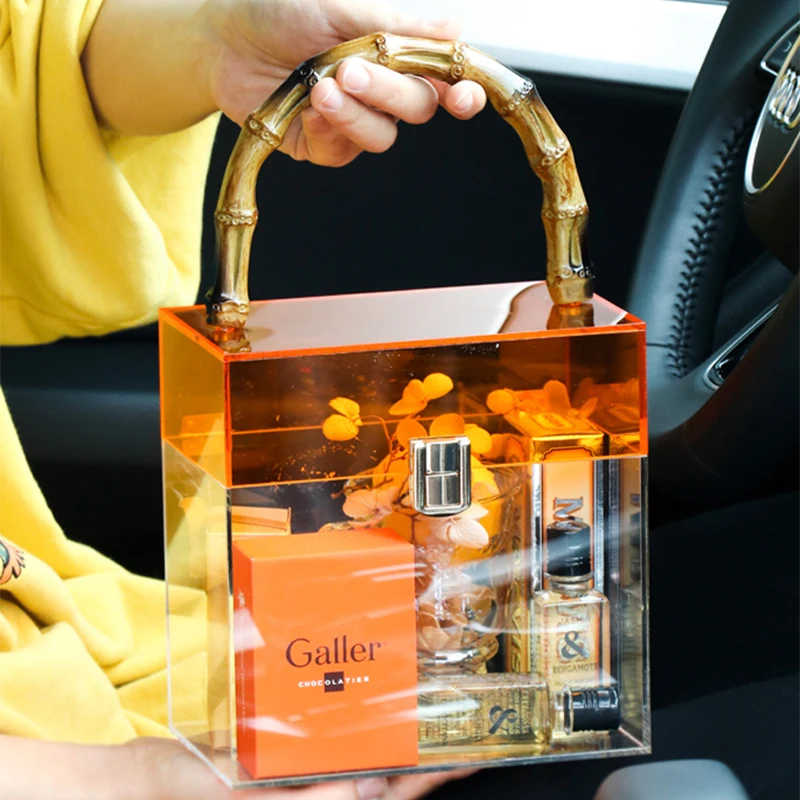 Transparent Acrylic Square Hand Gift Box With Bamboo Handle Suitable Plexiglass Wedding Gift Box Acrylic Box