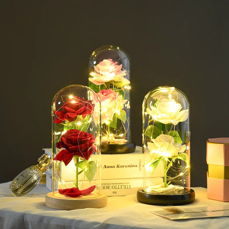 Valentines Day Gift Custom Artificial Flowers Glass Cover With Led Lights Rose flowers In Glass Dome