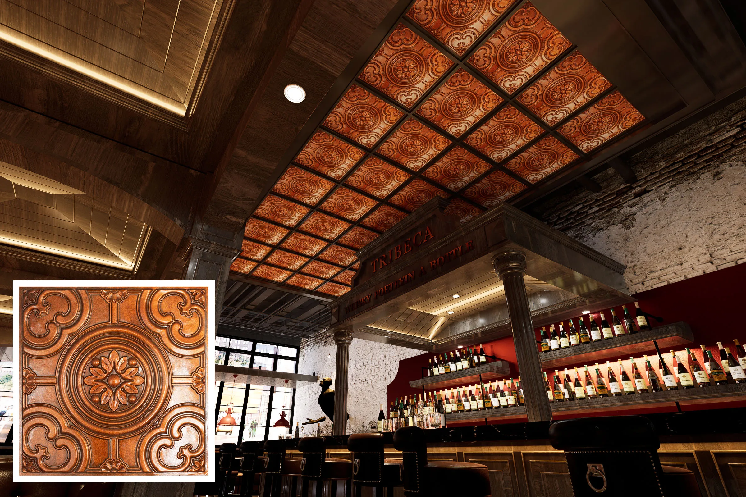 Faux tin tile distressing interior roof Ceil panels Decorative tin wall tile 3D embossed wall panels PL50 archaic copper