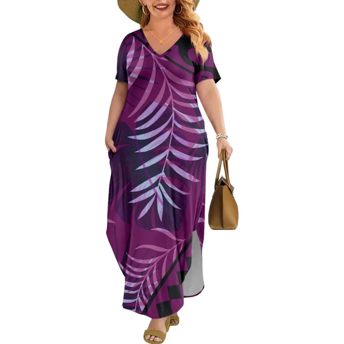 Dropshipping Maxi Vestido with Pockets Custom Polynesian Tribal Tattoo with Flower & Leaf T Shirt Dress with Pockets Max Dress