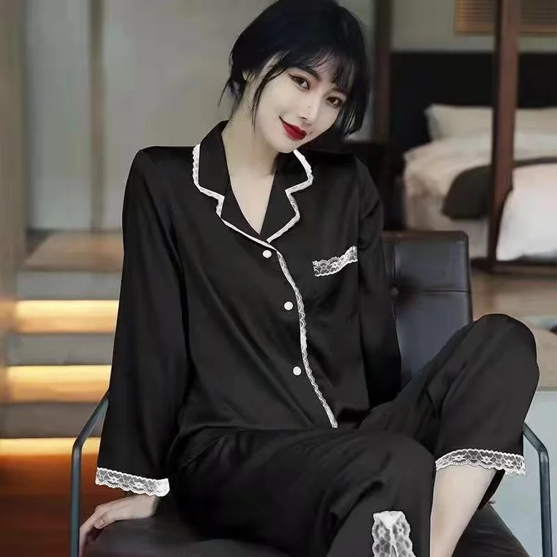 Spring and autumn new pajama set long sleeve pants two-piece set lace silk loungewear for women