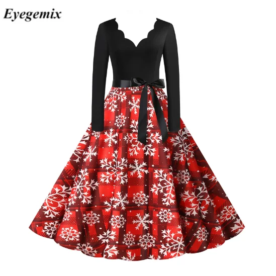 Women Christmas Cosplay Costumes Vintage Holiday Party Elk Snowflake Print Dress New Year 2025