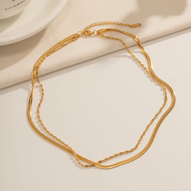 Waterproof 18K Gold Plated Stainless Steel Herringbone Necklace Jewelry Dainty Layered Twisted Chain Necklace for Girls