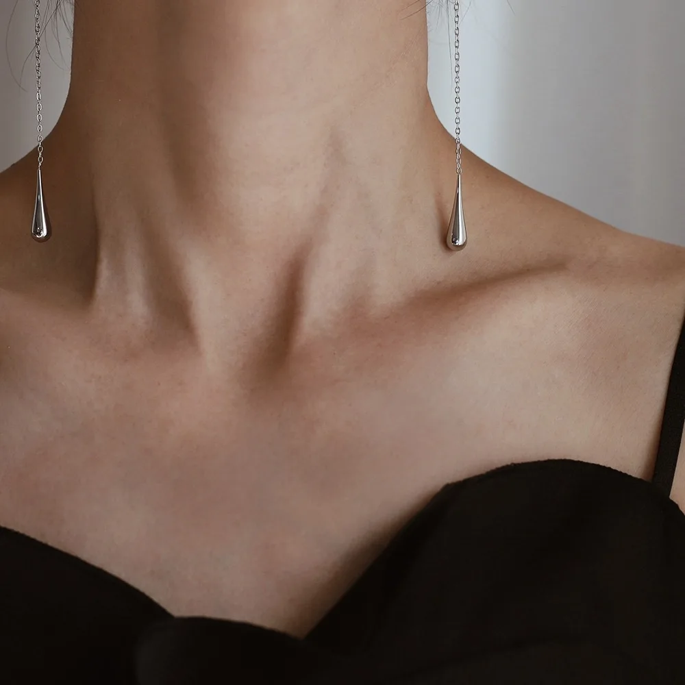 Stainless steel silver long chain tassel waterdrop simple Cyberpunk large water drop tear earrings ear hook for girls