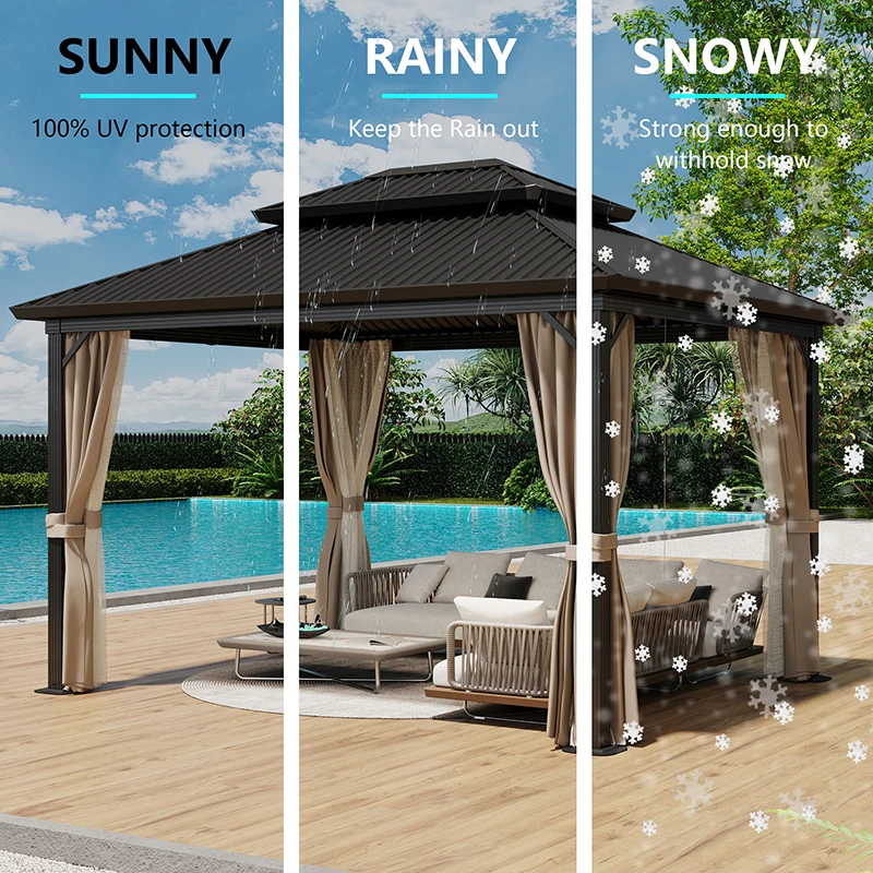 10x12ft USA Available In Stock Permanent Canopy Dark Brown Double Roof Hardtop Gazebo With Mosquito Netting & Curtains