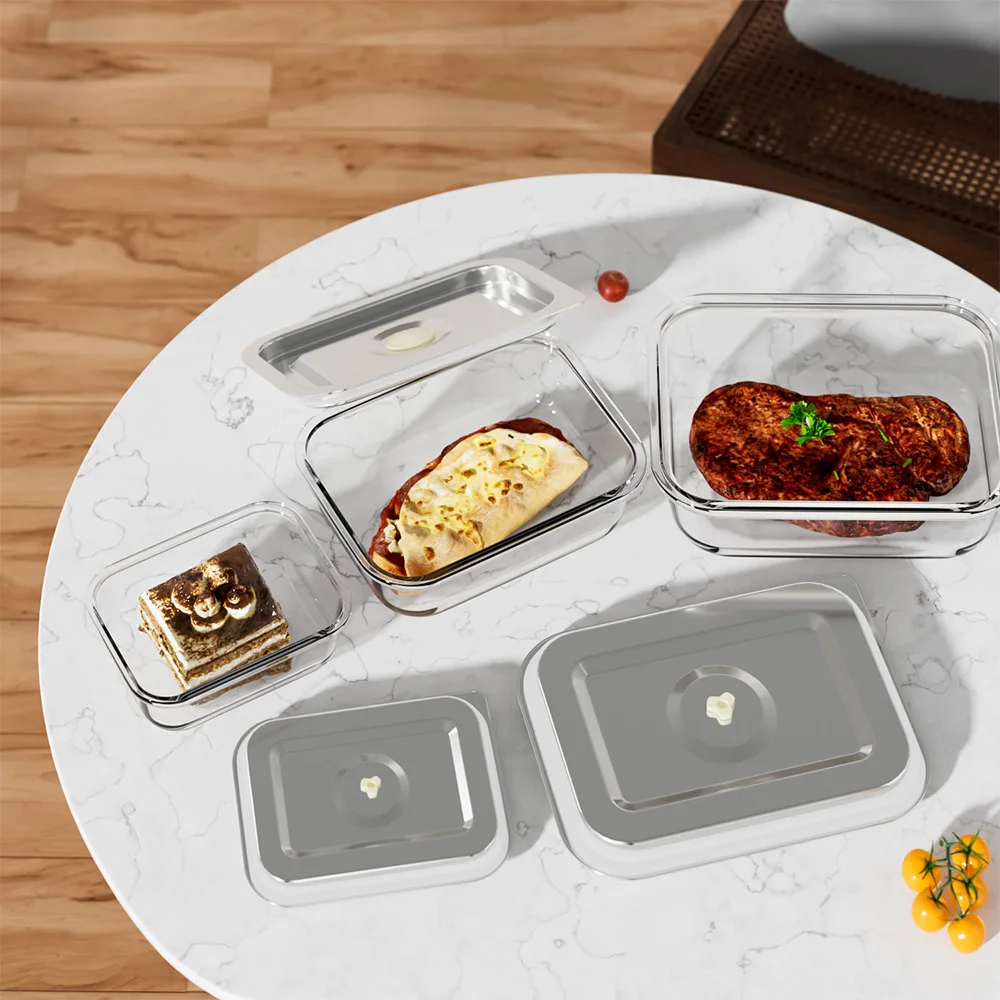Glass Lunch Bento Boxes with Vacuum Pump Steel Lids for Microwave Dishwasher Refrigerator Safe Leakproof Meal-Prep Containers