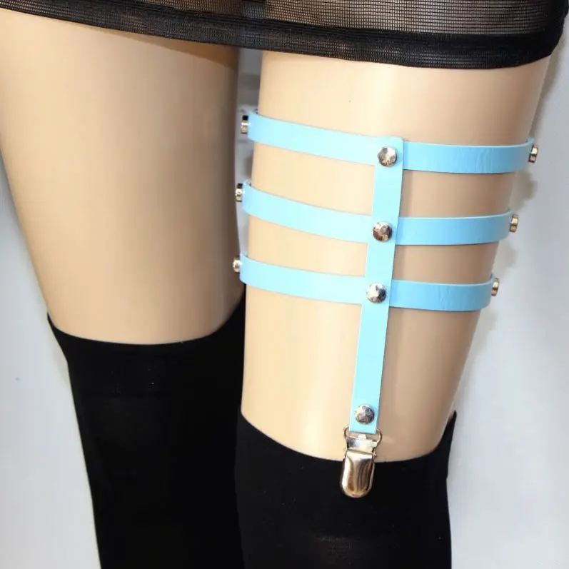 Women Fashion Rock Anime Hip-Hop Punk Gothic Leather harness Three-Row Socks suspenders Thigh Ring Garter Belt