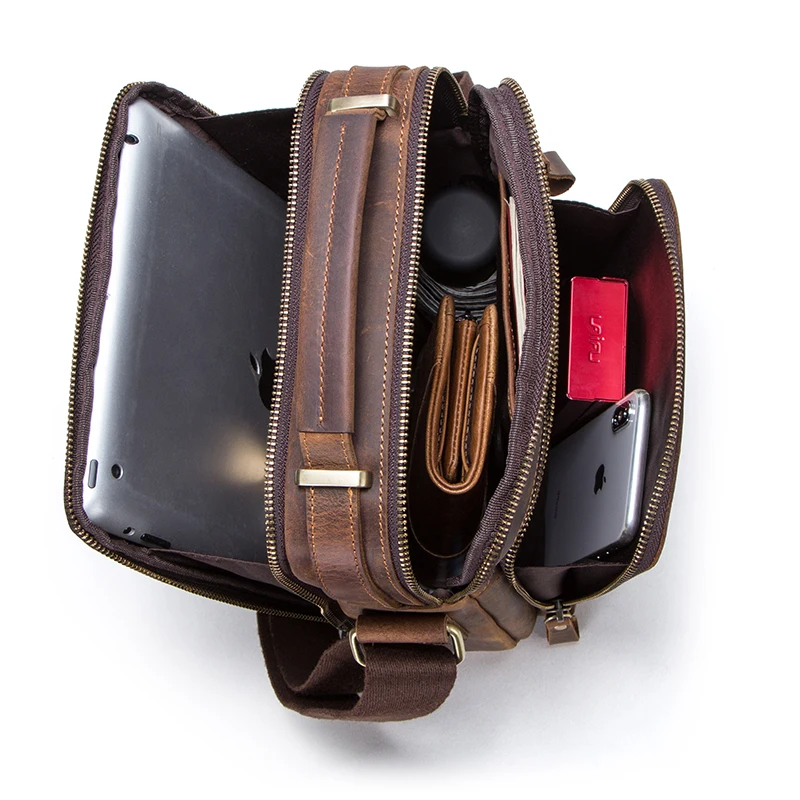 Контакта Винтаж crazy horse кожа 9,7 дюймов коврик из натуральной кожи для мужчин Противоугонная сумка через плечо набор туфель и сумки с инкрустацией большим количеством карманов