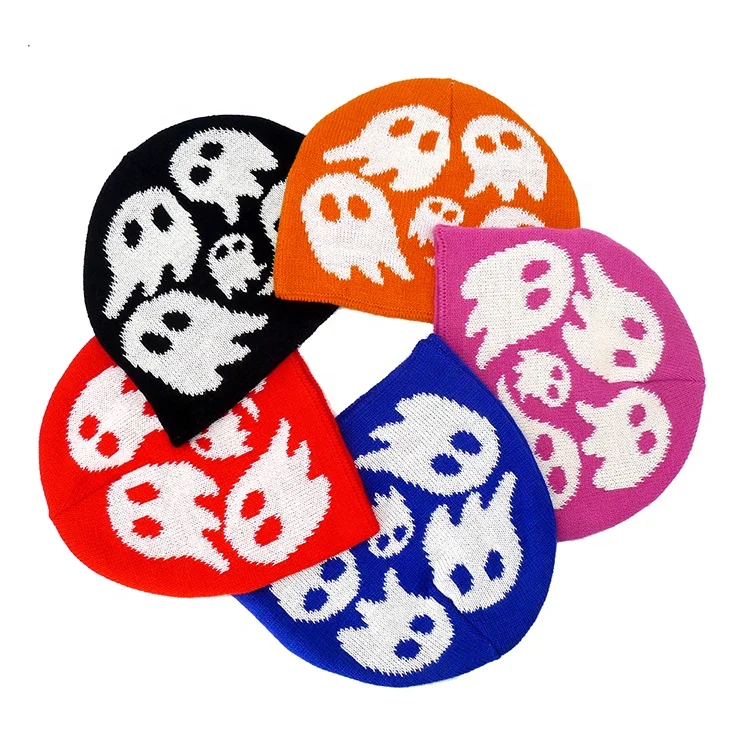 Halloween Beanie Skull Hat Ghost Slouchy Beanie No Cuff Jacquard toque for Men Women Warm Winter Knit Beanie Gift