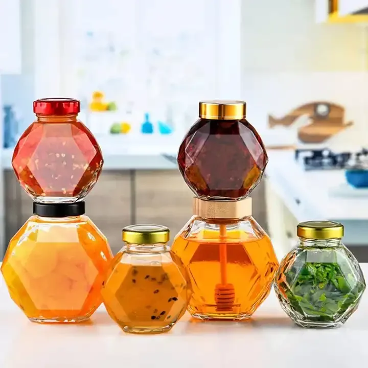 100 ml/220 ml/380 ml hexagonal heat resistant glass honey bottle jar with wooden mixing rod used for home kitchen