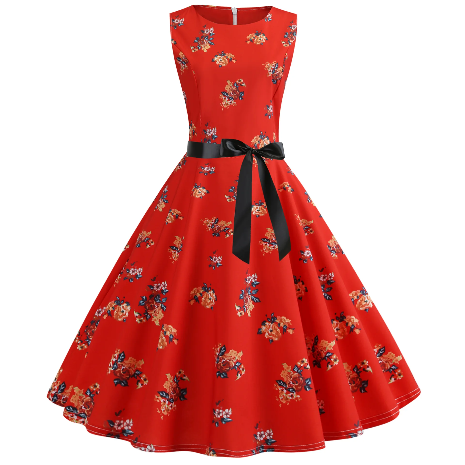 Free bow belt burst Hot Selling Blast Women Vintage Hepburn Wind Sleeveless Waistprint maxi casual women Dresses