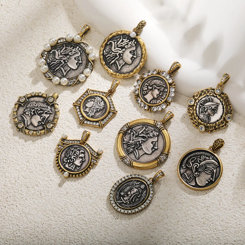 Bronze coin charms for jewelry making coin charms gold plated saint charms bulk zircon bronze pendants for necklace jewelry