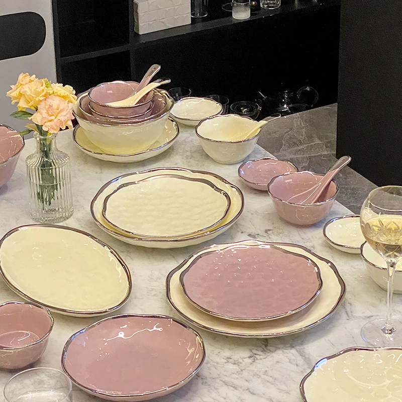 Chinese Porcelain Silver-edged Porcelain Tableware Cream-white Luxury Tableware Set Ceramic Soup Bowl Wedding Gift Plate