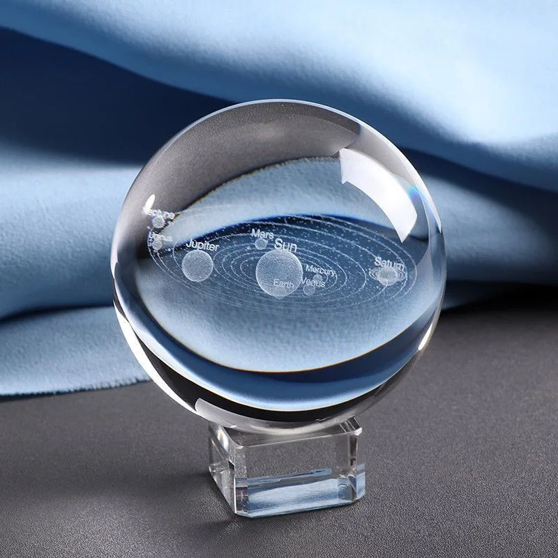 60mm Cheap Decorative Award Good Design Hot Sell 3D Laser Engrave Solar System Galaxy universe Crystal glass Ball With Base