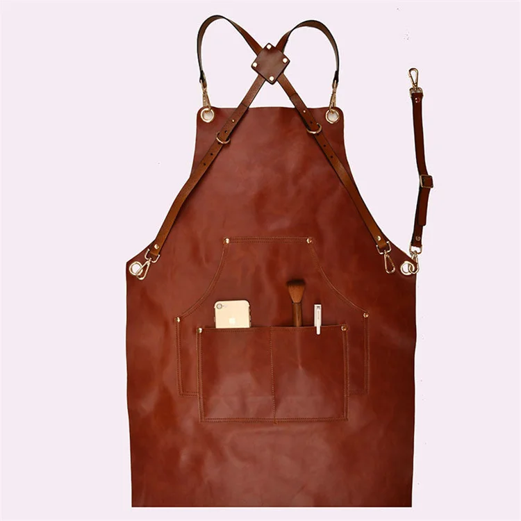 Vintage Cowhide Leather Pockets Waterproof  Barbecue Cooking Chef Kitchen Apron Gardening Tool Aprons