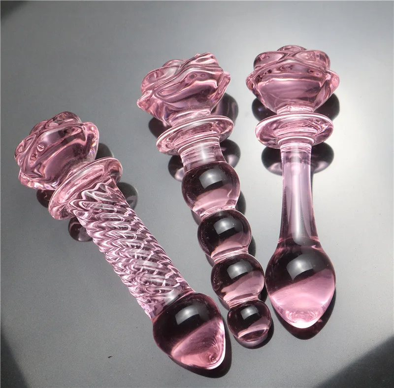 Popular Glass Dildo Anal Plug Crystal Dildo Penis Rose Shaped Glass Butt Plug Pink-Glass Anus Butt Sex Toys for male female
