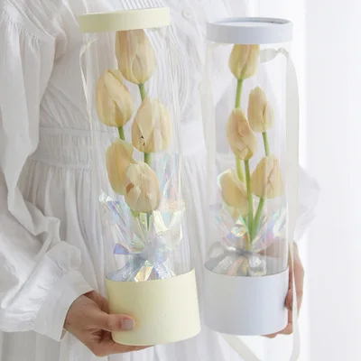 Custom Luxury Handmade Cylindrical Rose Gift Packaging Flower Boxes With Big PVC Window Flower Box Round