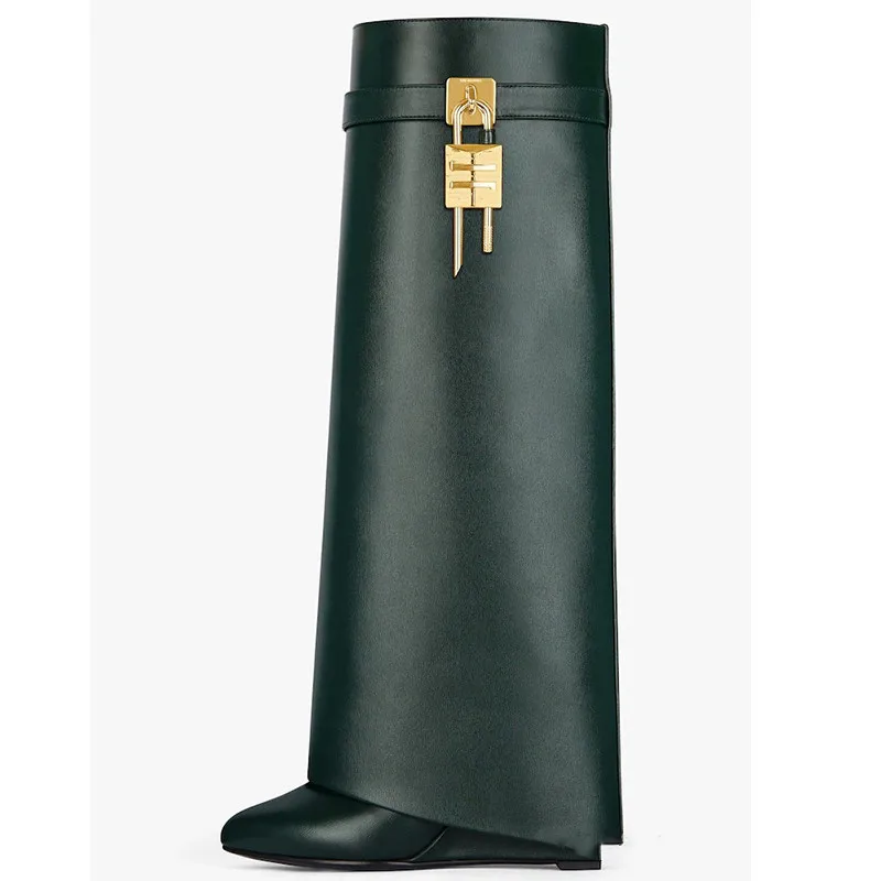 2023 OEM\ODM Custom Fashion Show Women Boot Slip On Black Leather Long Knee High Boots Wedge Heeled Boots