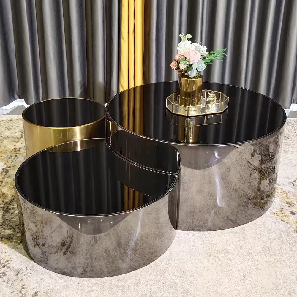 Hot Sale Modern Luxury Living Room Furniture Round Glass Coffee Table Set Matte Gold Stainless Steel Frame