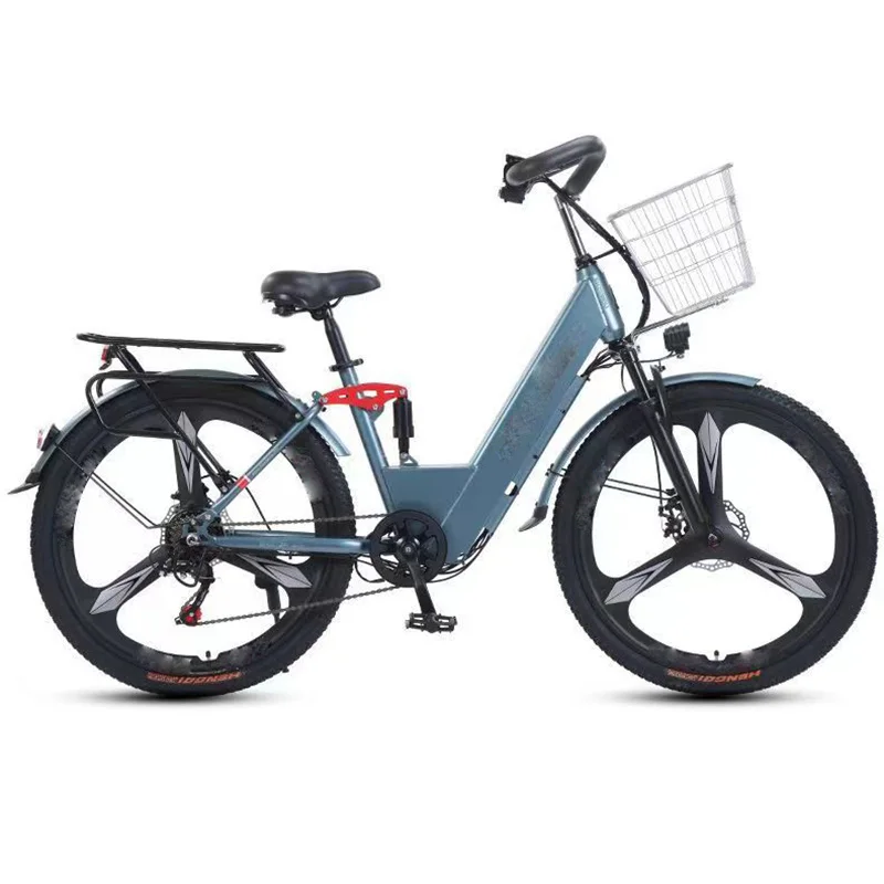 Hot sale man 48V lithium battery electric bikes adults 350W electric bicycles woman suspension fork ebike with storage basket