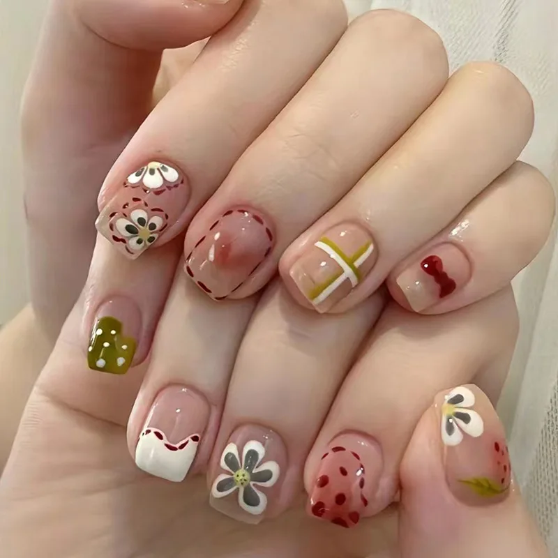 N1189 daily use manicure art flower designs kawaii short press on nails tip with strong glue set